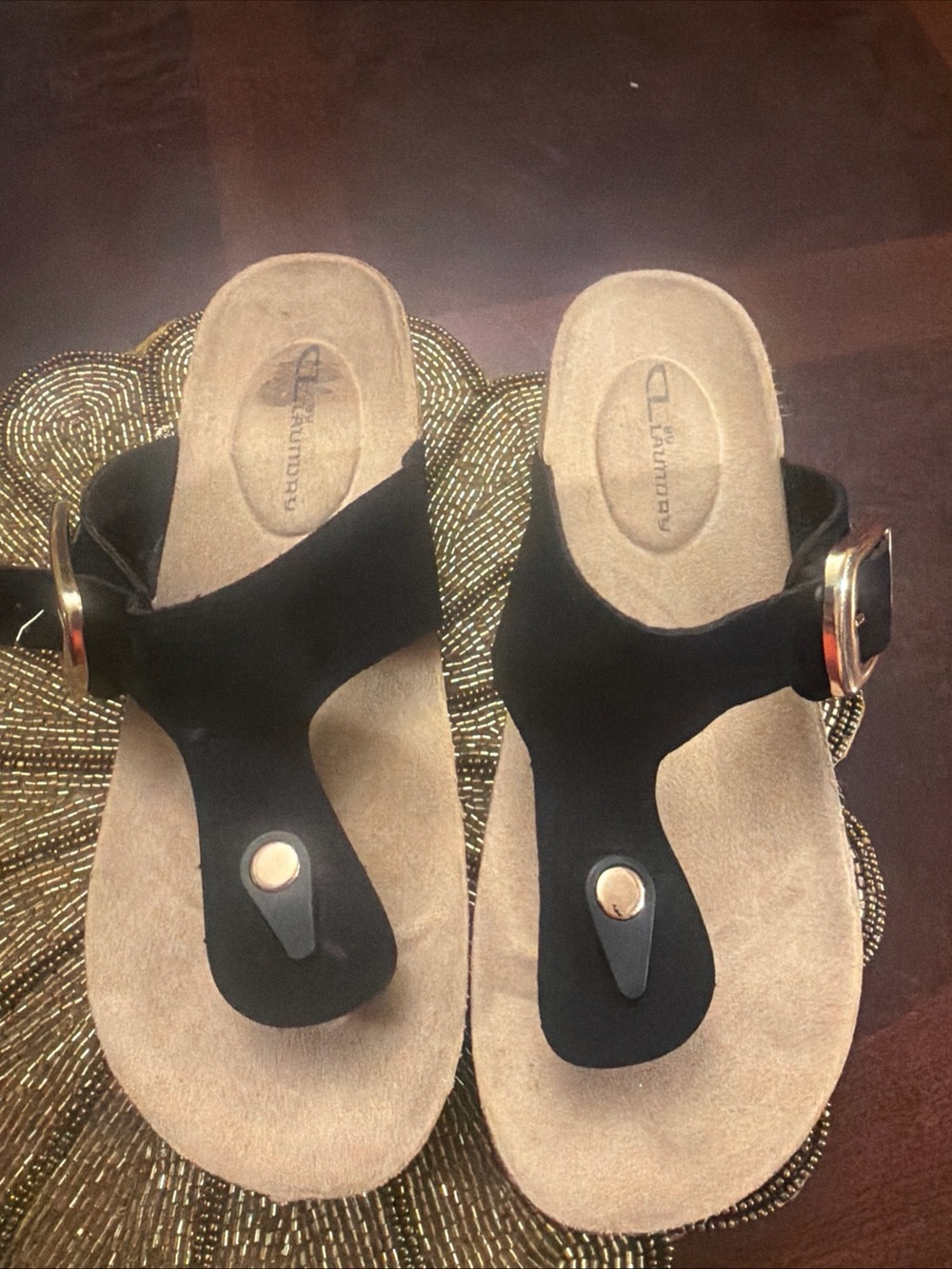Black Cork-Style Toe-Post Sandals with Gold Accent - Picture 2 of 6